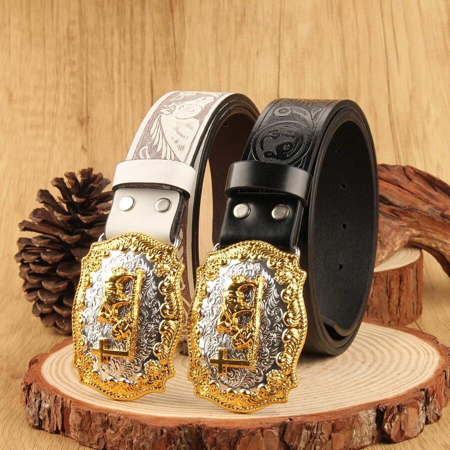 Sunflower Edge Horse Head Cowboy Style 3.7cm Width West Horsehead Belt Buckle, Smooth Circle Hole Pattern Print, Fashionable - Multicolor - View 1