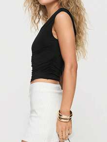 Top ajustado sin mangas con corte asimétrico en el hombro, ropa de verano sexy para mujer - Negro - Ver 3