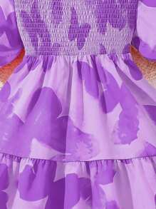 Left Mama Tween Girl' Sweet Round Neck Butterfly Print Puff Sleeve Smock Princess Dress, Summer