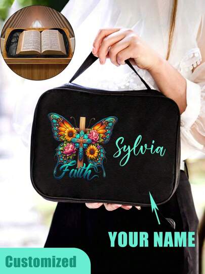 Custized Your Name On Bible Bag,Bible Storage Bag,Pink Bow Letter Printed Letter Printed Tote Bag Bible Organizer,Multifunctional Book Protective Cover Suitable For Students DailyUse,
