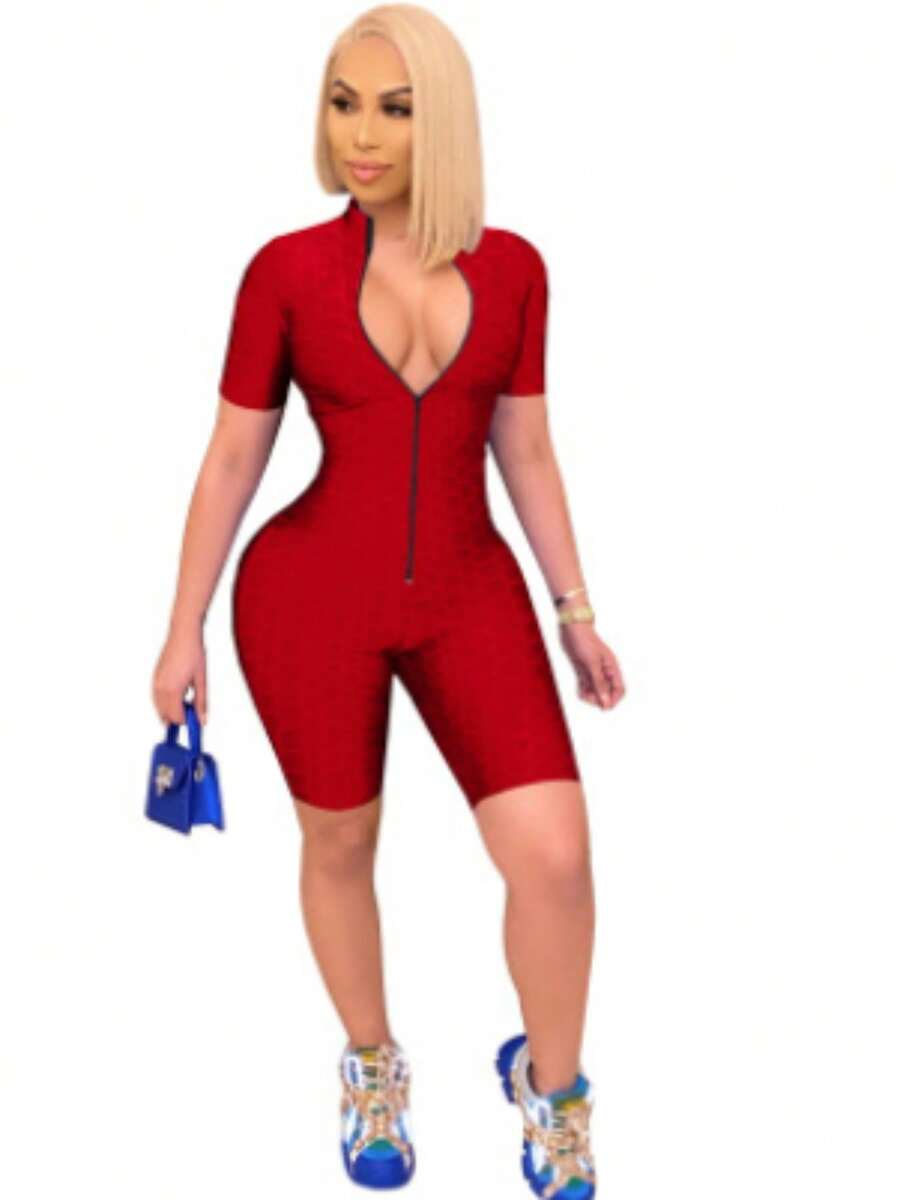 Women Solid Color Zip-Up Romper, Slim Fit Short Sleeve Stand-Up Collar Jumpsuit For Summer