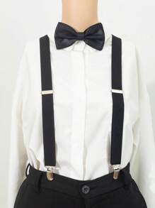 1 Set Unisex Black Simple Adjustable Bow Tie And Suspender Pants, Suitable For School, Daily Wear, Performance, Party, Back To School, Holiday Gift - Suspenders + Bow Tie - View 5