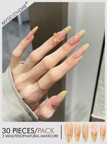 30片长杏仁形按压假指甲贴片，甜美酷炫日韩风女士指甲贴片带水钻花朵，新款时尚指尖，配1片果冻胶和1片摩擦条，适合女性派对、舞会、日常休闲装，可拆卸可重复使用按压指甲 - 彩色 - 查看 2