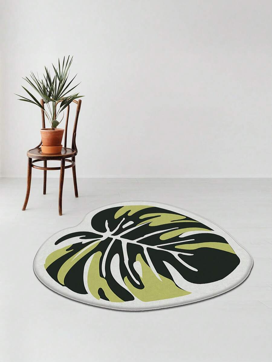 1 pieza Alfombra decorativa con textura de neumático de material de terciopelo, con forma de hoja de planta nórdica verde en estilo asimétrico, alfombra de estilo minimalista para mesita de noche, armario, mesa de café, ventana flotante, decoración del hogar, decoración primaveral popular