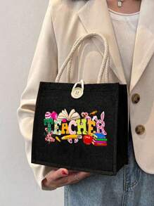 1pc Bunny Teacher Letter Print Linen Tote Bag, Reusable Printed Women'S Tote Bag, Double Handle Shopping School Bag, Large Capacity Shoulder Bag, Casual Tote Bag, Easter Storage Bag, Suitable For Commuting, School And Shopping, Convenient For Outdoor Use, Gift For Friends And Bffs, Teacher Gift, Perfect Choice For Holidays And Festivals