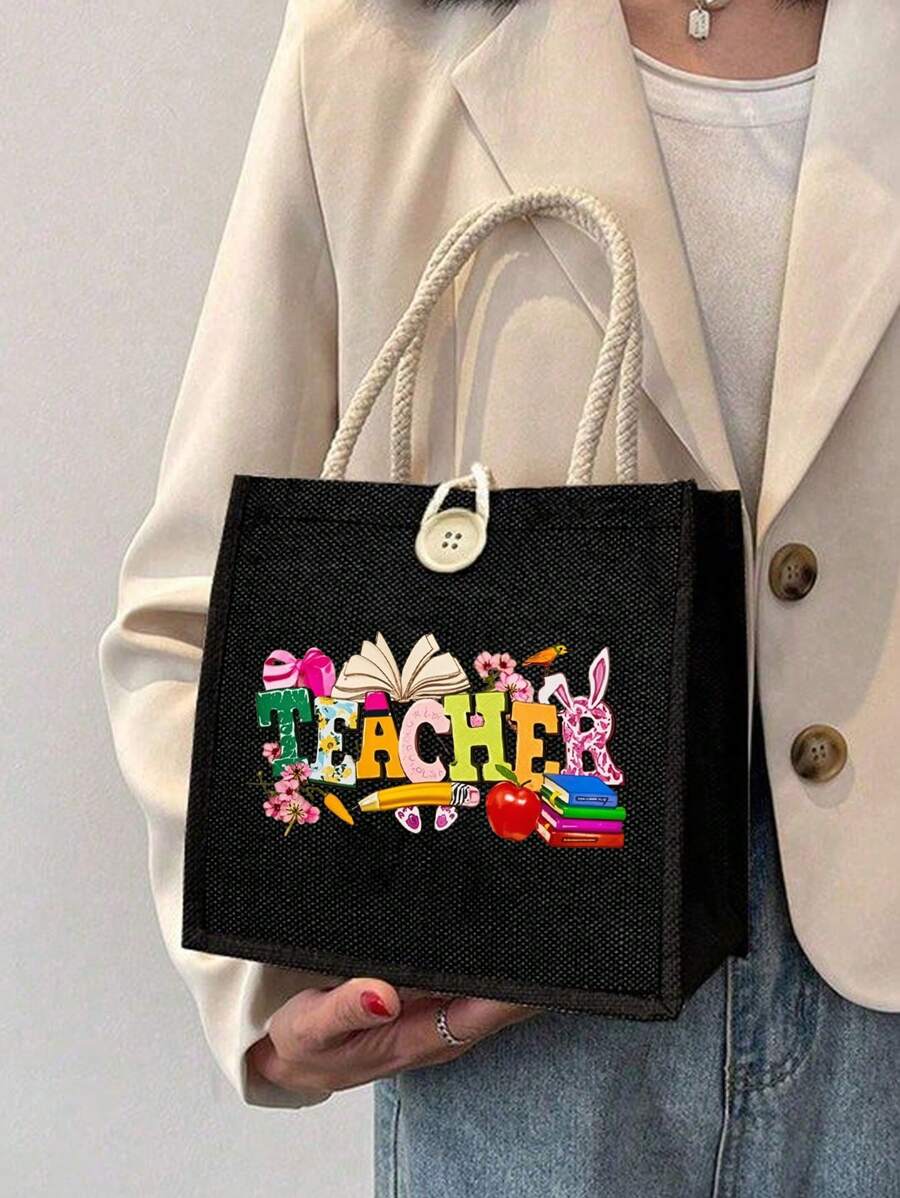 1pc Bunny Teacher Letter Print Linen Tote Bag, Reusable Printed Women'S Tote Bag, Double Handle Shopping School Bag, Large Capacity Shoulder Bag, Casual Tote Bag, Easter Storage Bag, Suitable For Commuting, School And Shopping, Convenient For Outdoor Use, Gift For Friends And Bffs, Teacher Gift, Perfect Choice For Holidays And Festivals