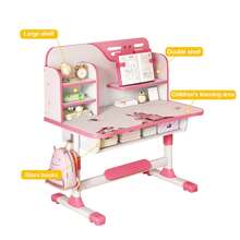 2Pcs/Set Premium Kids Study Desk Chair Set, Height Adjustable Children School Study Table Chair Set With Astronaut Pattern, Ergonomic Desk Chair With Large Writing Board, Bookshelf And Drawer - Pink - View 5