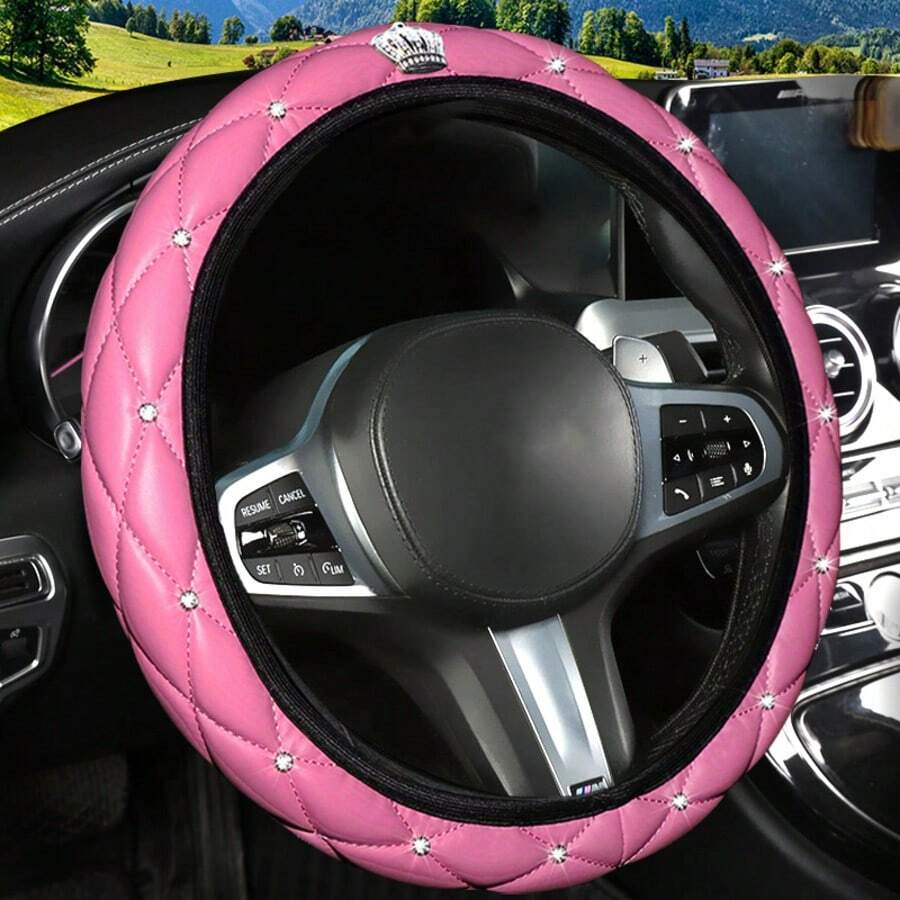 1pc Bling Rhinestone PU Leather Soft & Comfortable Car Steering Wheel Cover, No Inner Lining