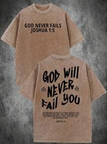 God Will Never Let You Down, Inspirational Quotes, Fashionable And Casual Popular Letter Pattern Printing Boutique 230g Washed Cotton T-Shirt, Men's Summer High-Quality Printed Cotton Retro Fashion Retro Brand Loose, Soft And Comfortable Casual Multi-Color T-Shirt, Suitable For Outdoor Wear In Summer, With A Certain Thickness, Daily Wear And Friend Gifts, Back To School Gifts - Coffee Brown - View 1