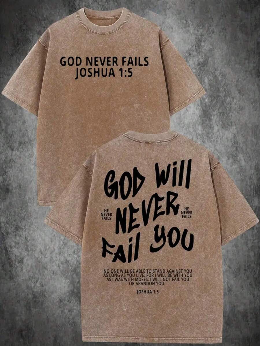 God Will Never Let You Down, Inspirational Quotes, Fashionable And Casual Popular Letter Pattern Printing Boutique 230g Washed Cotton T-Shirt, Men's Summer High-Quality Printed Cotton Retro Fashion Retro Brand Loose, Soft And Comfortable Casual Multi-Color T-Shirt, Suitable For Outdoor Wear In Summer, With A Certain Thickness, Daily Wear And Friend Gifts, Back To School Gifts - Coffee Brown - View 1