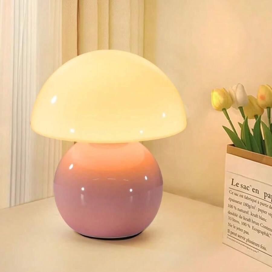 Dawnwake Ceramic Base Mushroom Table Lamp Small,Unique Aesthetic Cute Small Night Light For Christmas Gifts - 粉紅色的 - 查看 1