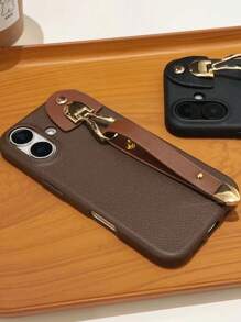 Casing Lembut Tali Pergelangan Tangan Kulit Vintage Kompatibel dengan iPhone 16 Plus, 15 Pro Max, 14, 13, 12, 11, 17 Pro Max, 17 Pro, 17, Casing Anti Jatuh Mewah Kreatif Berkualitas Tinggi dan Tahan Lama - Coklat - View 3