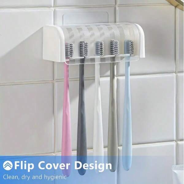 1pc Anti-Dust Toothbrush Storage Box, 5 Slot Toothbrush Holder With Cover, Wall Mounted Toothbrush Rack Without Drilling, Suitable For Dorm And Shower, Perfect Bathroom Accessory, Bathroom Toothbrush Organizer