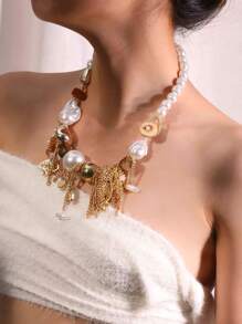 1pc Natural Wood & Coconut Shell Beaded Necklace, Casual Fashion Accessory For Women, Suitable For Beach, Daily Wear - Coffee - View 12