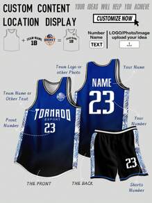 2pcs Personalized Tween Boys Training Basketball Jersey- Customized Team Name,Number And Photo Print Gradient Tank Top+Shorts Sports Set & Casual Wear Spring/Summer - Blue - View 1