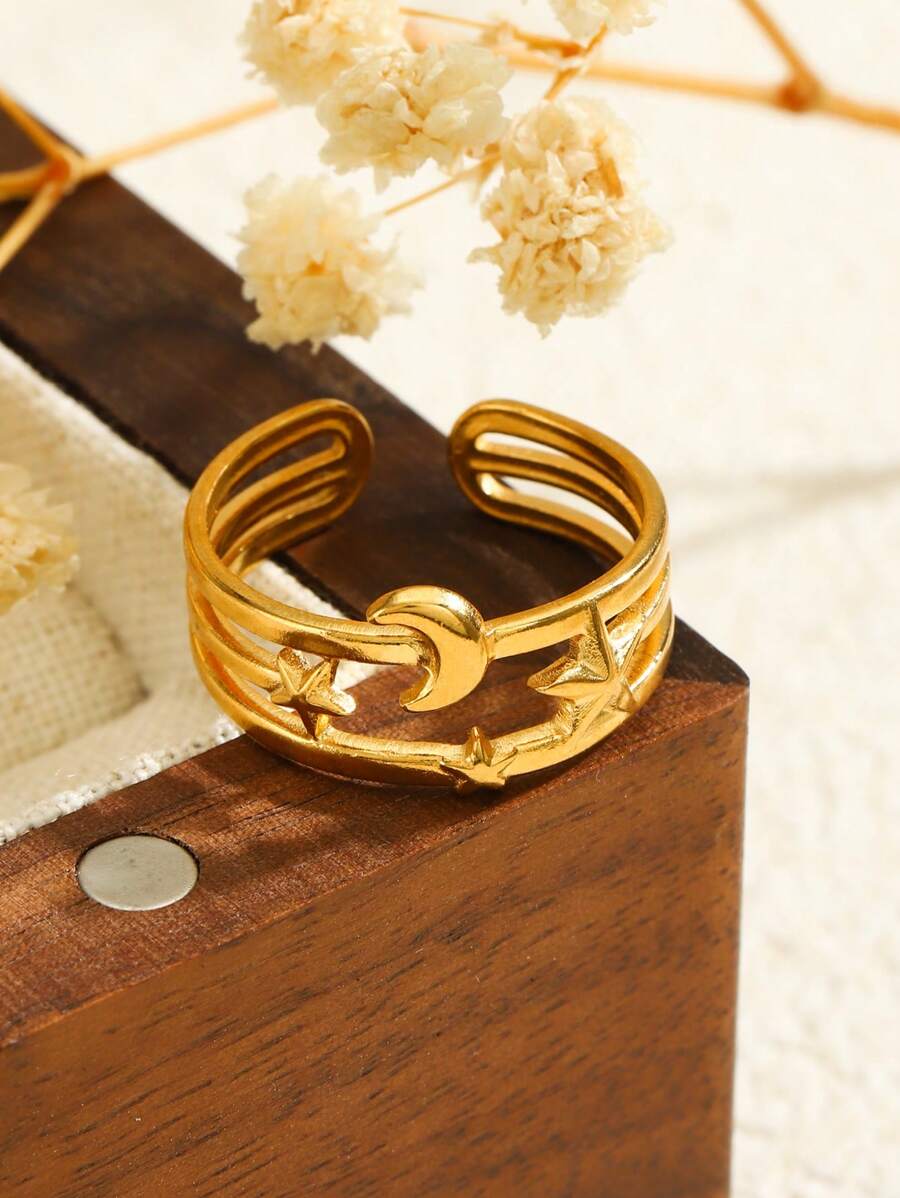 1pc Stainless Steel Golden Vintage Star & Moon Shaped Open Ring, Lovely Gift For Women, Suitable For Everyday, Party, Date, Holiday Wear