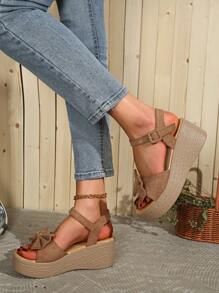 صندل نسائي أنيق بكعب سميك وحزام، بوصة عقدة الفراشة منصة 7 سم، صنادل نسائية