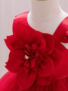 Young Girls Princess Party Puff Dress - Red - View 3