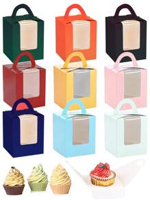 10 件/20 件单个纸质纸杯蛋糕盒、单个纸杯蛋糕托、带窗口和手柄的松饼蛋糕托盘