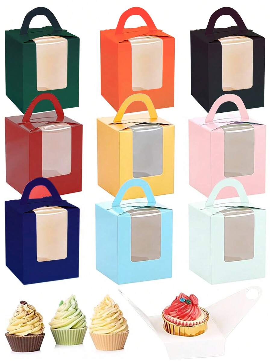 10 件/20 件单个纸质纸杯蛋糕盒、单个纸杯蛋糕托、带窗口和手柄的松饼蛋糕托盘