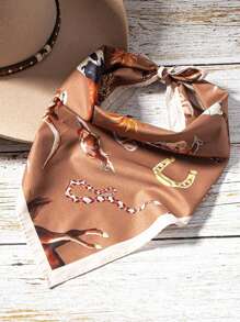 1pc Women's Fashion Western Pattern Bandana - Versatile Cowboy Bull & Horse Graphic Design, Polyester Material, Suitable For Daily Stylish Matching For Dress - Brown - View 2