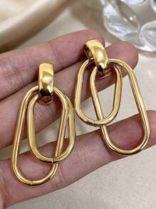 1Pair Double Circle Square Earrings Golden Dangle Earrings For Women Stainless Steel Earrings For Daily Party Birthday Christmas Jewelry Gifts