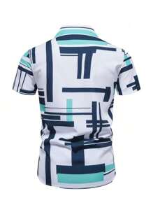 撞色几何印花翻领夏威夷衬衫，男士短袖纽扣沙滩衬衫，适合度假或送给男友的礼物