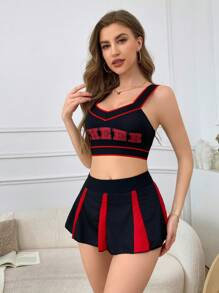 Women's Fresh Blue + White Cheerleader Uniform Bodice & Mini Skirt Set, Seductive Printed, Rave