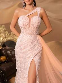 Faeriesty Elegant Off-Shoulder Beaded Mermaid Gown, High Slit, Back-Tie Detail, Perfect For Red Carpet Galas, Black-Tie Weddings, Luxury Award Ceremonies - Pink - View 2