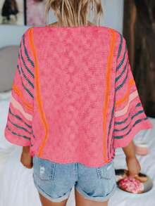 女士条纹细节宽松针织毛衣，休闲粉色，春季款 - 粉色 - 查看 2