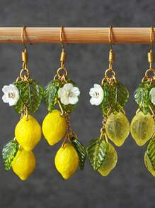2 Pcs Original Summer Style Sweet Resin Yellow Green Lemons Flowers Dangle Earrings For Women Daily Wear