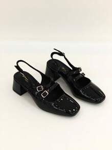 REVREAL Patent Double-Buckle Slingback Mary Jane Heels Stylish High Heels - Black - View 5