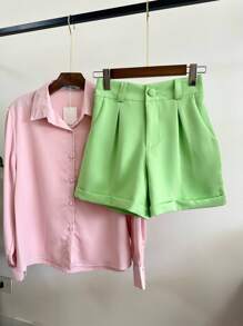 Jemmy Fashion Carnival Tailored Shorts With Elastic Details At The Back, Look , Summer Style, Foreign Style, Thinness, Age-Reducing Temperament, Hot Pants, High Waist Loose, Wide Legs And Shorts Chic & Solid Color, Size Pmg, Have White Black Gray Navy Blue Beige Caramel Brown Coffee - 薄荷綠 - 查看 2
