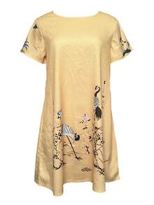 Women's Casual Bird Print Round Neck Short Sleeve Mini Dress, Spring/Summer - Yellow - View 2