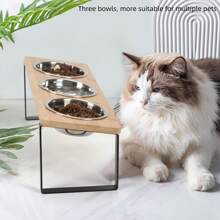 Elevated Stainless Steel Cat Feeder With Bamboo Stand,Non-Slip, Neck-Friendly Three Pet Bowl For Cats And Small Pets - Multicolor - View 2