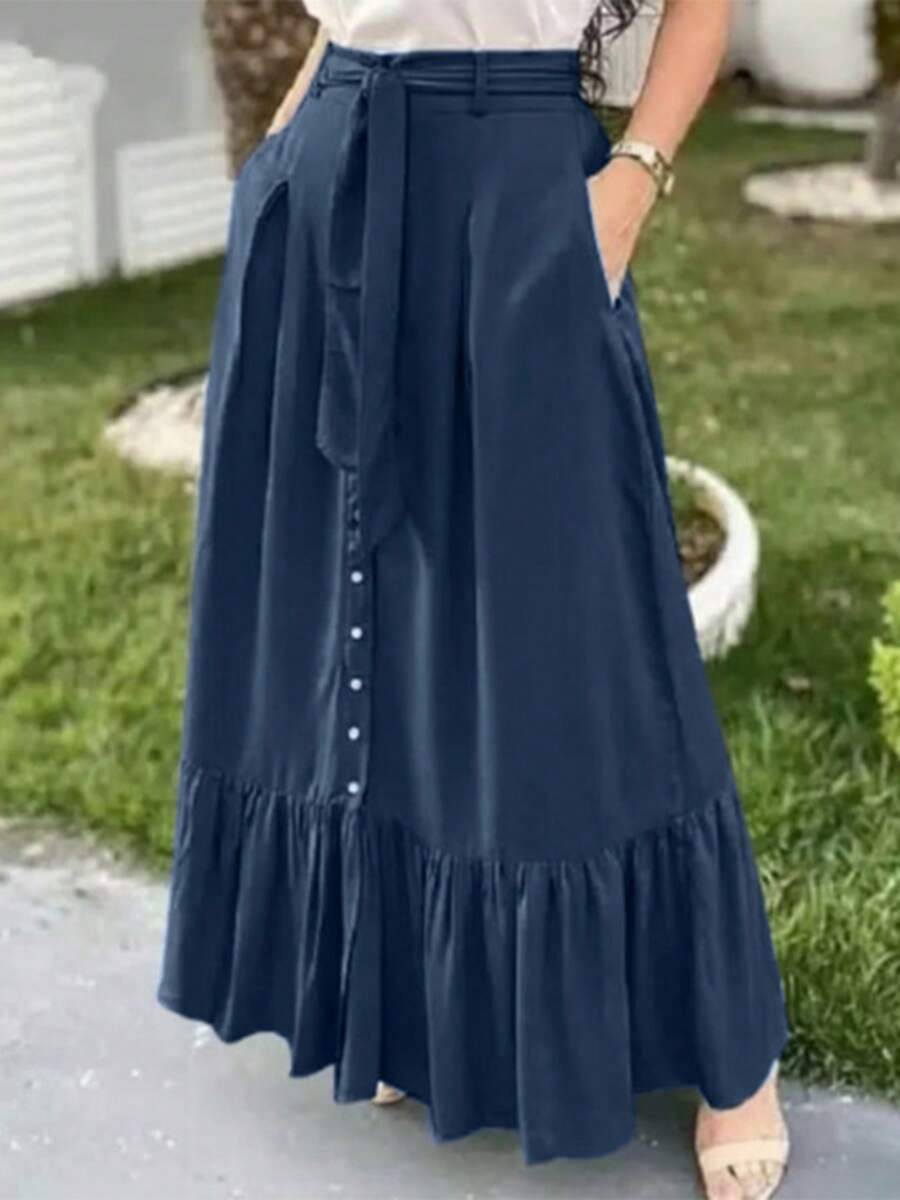 ZANZEA Fashion Women Elastic Waist Summer Party Casual Loose Ruffles A Line Long Skirt - Màu xanh hải quân - Xem 1