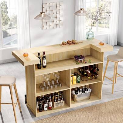  Tribesigns 4-Tier Bar Table, 70.9-Inch Large Modern Home Bar Cabinet With Wine Glass Holder And Black Footrest, Liquor Cabinet With Storage Shelves For Kitchen, Dining Room, Living Room, Pub, Oak Wood