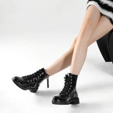 Weide Botines Negros para Mujer -Botas de Mujer Negras de Dedo Redondo con Tacón Alto Grueso - Elegantes Botas Chelsea con Hebilla Metálica y Forro de Esponja para Ocio y Actividades al Aire Libre - Negro - Ver 2