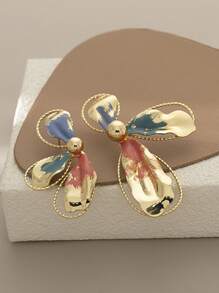 2Pairs Retro Handpainted Asymmetric Flower Clip-On Earrings For Women, Elegant Exaggerated Enamel Mosquito Coil Plate Non-Piercing Earrings - Gold - View 5