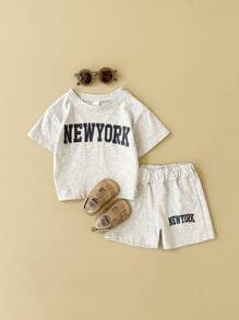 2pcs/Set Infant Boys' Casual Letter Print Short Sleeve T-Shirt + Shorts, Summer