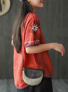 Women's Embroidered Blouse Cotton Linen Short Sleeve Peasant Boho Mexican Tunic Top Casual T Shirt - 紅色 - 查看 1