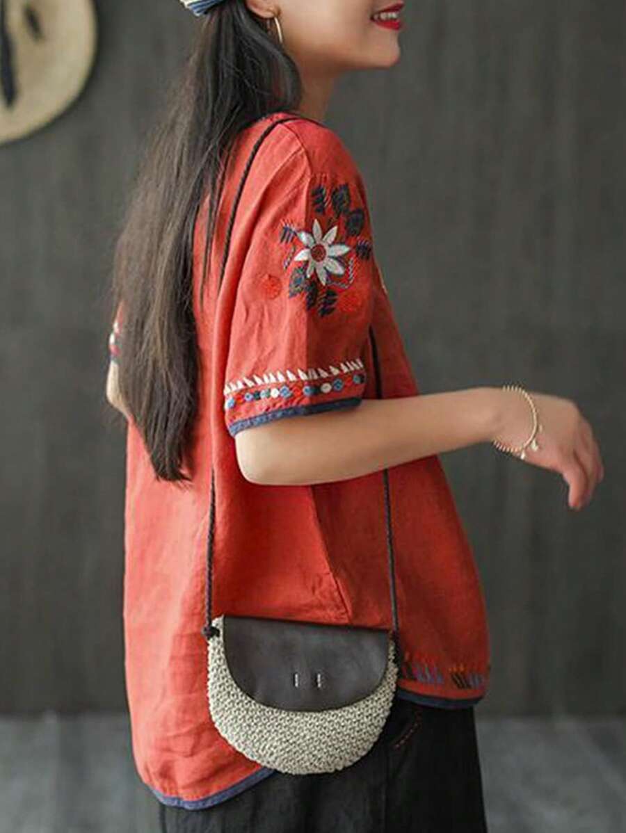 Women's Embroidered Blouse Cotton Linen Short Sleeve Peasant Boho Mexican Tunic Top Casual T Shirt - 紅色 - 查看 1