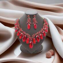 1套女士陳述裝飾項鍊及耳環套裝,多巴胺色短粗頸鏈水晶雞尾酒婚禮項鍊 - 藍色 - 查看 5