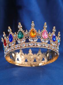 1pc Elegant Women Rhinestone Decor Crown Design Luxury Headband, For Decoration Royal Tiaras Valentine's Day Accessories - 金色 - 查看 7