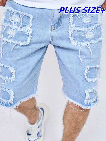 Men's Plus Size Distressed Denim Bermuda Shorts, Loose Casual Knee Length Summer Pants