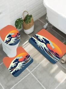 1 conjunto, patrón de ola, paisaje de puesta de sol, coche, tabla de surf, juego de 3 piezas de alfombra de baño de elementos diarios, alfombra de baño absorbente y lavable, alfombra de baño antideslizante, tapa de inodoro, alfombra de baño gruesa y suave, ducha, cocina, lavandería, baño, sala de estar, dormitorio, alfombra de interior, accesorio de decoración del hogar