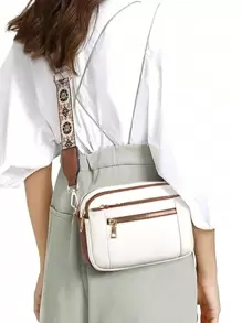 Nova Moda Clássica Padrão Vintage de Palhaço Tira Tecida Material PU Impermeável Sólido Estilo Europeu e Americano Multi-Bolso Design de Zíper Aberto Bolsa de Ombro Carteira Pode Ser Usada Transversal para Compras - Branco - Visão 4