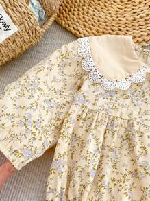 Baby Girl Peter Pan Collar Ditsy Floral Long Sleeve Bodysuit, Suitable For Spring And Autumn - Apricot - View 5