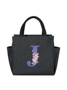 Large Capacity Insulated Lunch Bag, Letter Print - Polyester Material, Foldable Design, Suitable For Outdoor Picnic And School - Perfect Gift - Black - View 8