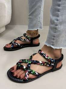 女童人字拖凉鞋，彩色编织十字交叉设计，轻便柔软底凉鞋，适合夏季穿着，百搭沙滩/休闲装 - 黑色 - 查看 5